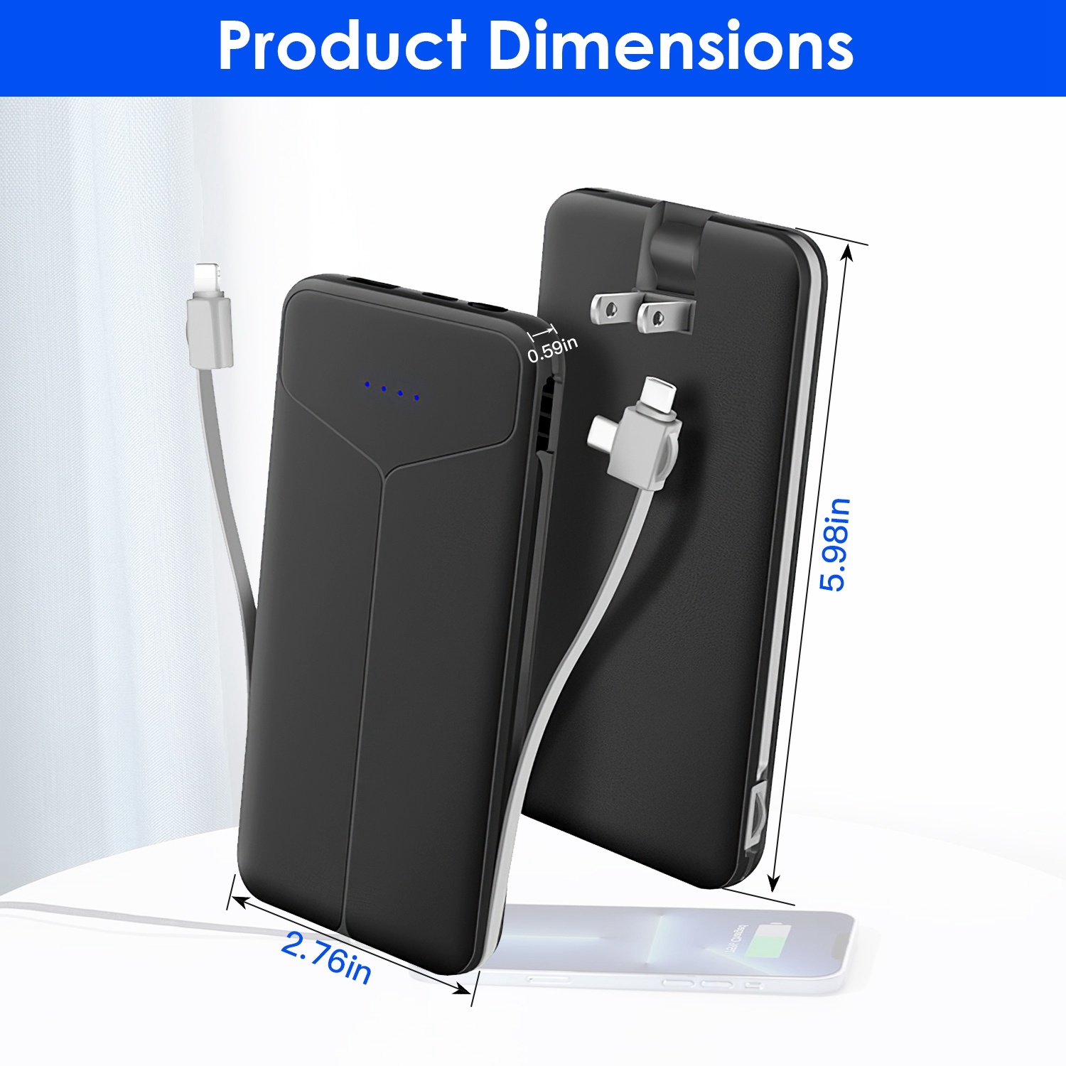 10000mAh Power Bank Portable Charger With US Plug 2 Built-in Cables External Battery Pack With 4 Ouputs 3 Inputs Fit For IOS Phone 14 Android And More - Image 7