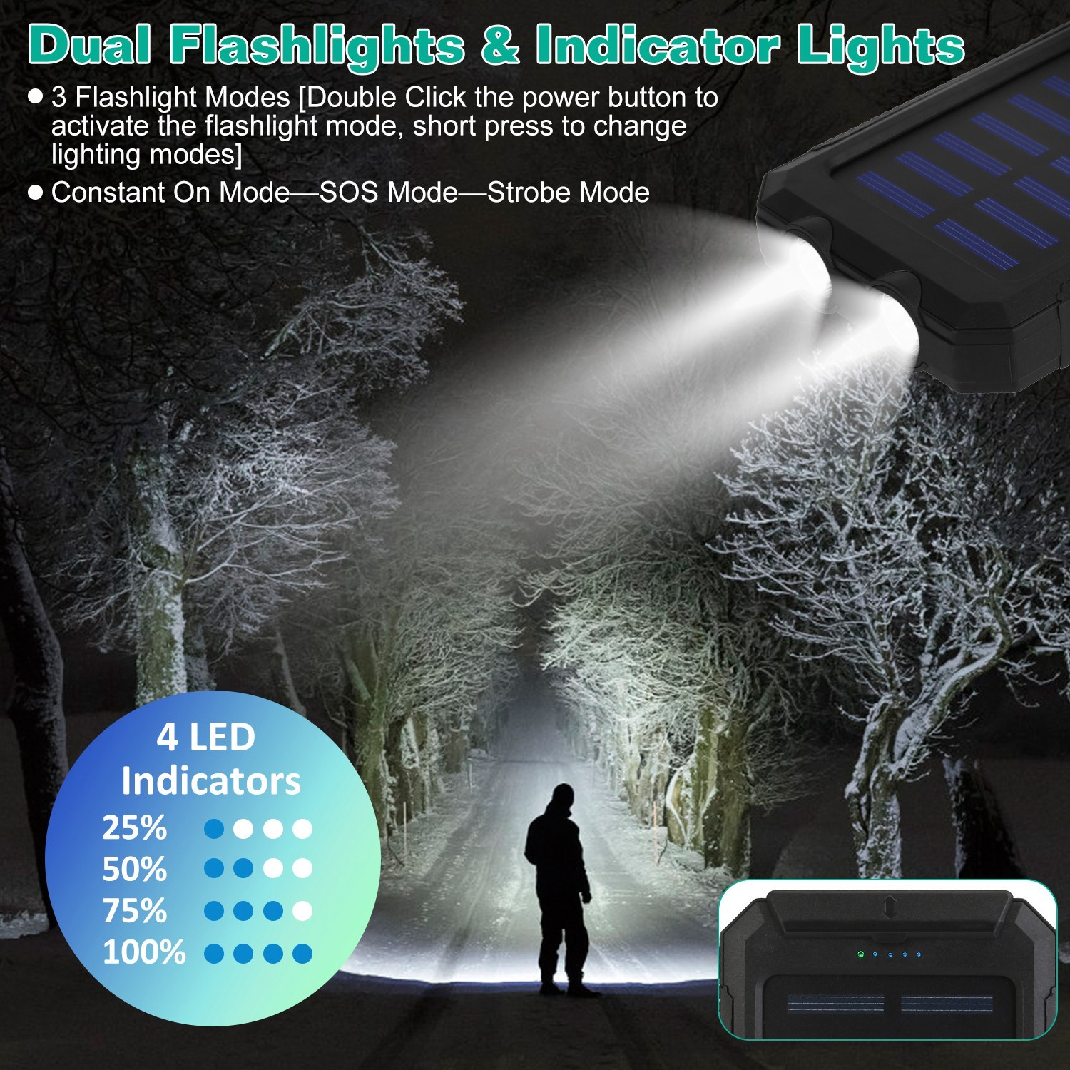 1Pc 1W MAh Solar Power Bank External Battery Pack Dual USB Interface Outdoor Charger With Battery Indicators SOS LED Lights Compass Camping Hiking - Image 9