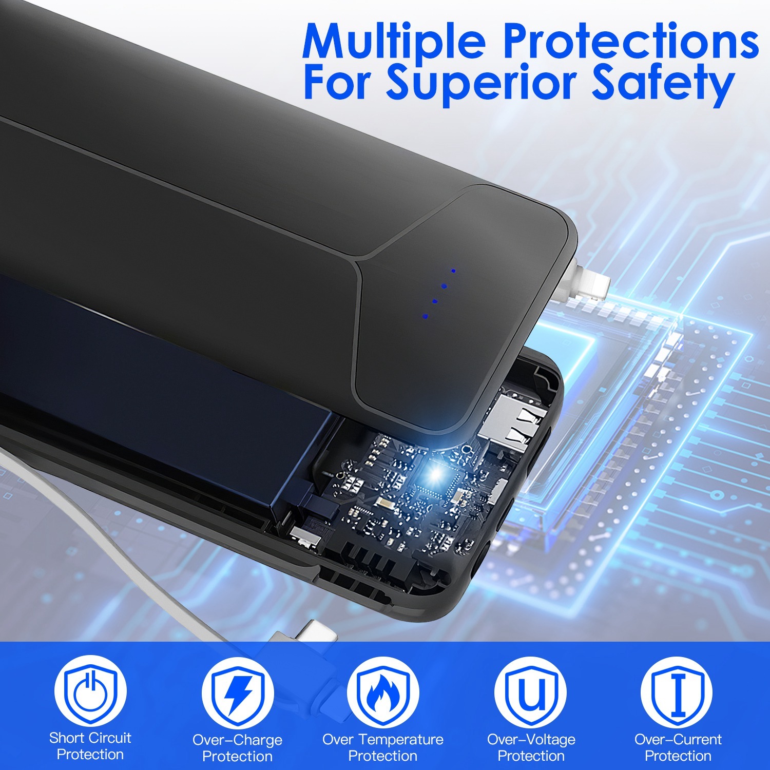 10000mAh Power Bank Portable Charger With US Plug 2 Built-in Cables External Battery Pack With 4 Ouputs 3 Inputs Fit For IOS Phone 14 Android And More - Image 5