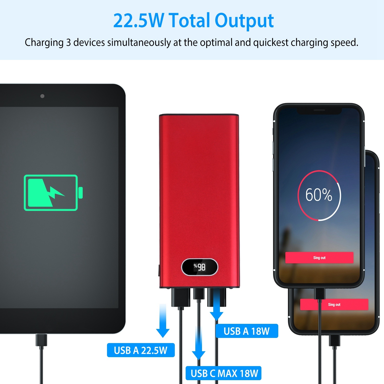 Green-Black-Red Color Options -- 1Pc 20000Mah Power Bank Portable Charger External Battery Pack 22.5W Super Fast Charging With LED Display Flashlight Fit For IOS Phone - Image 10