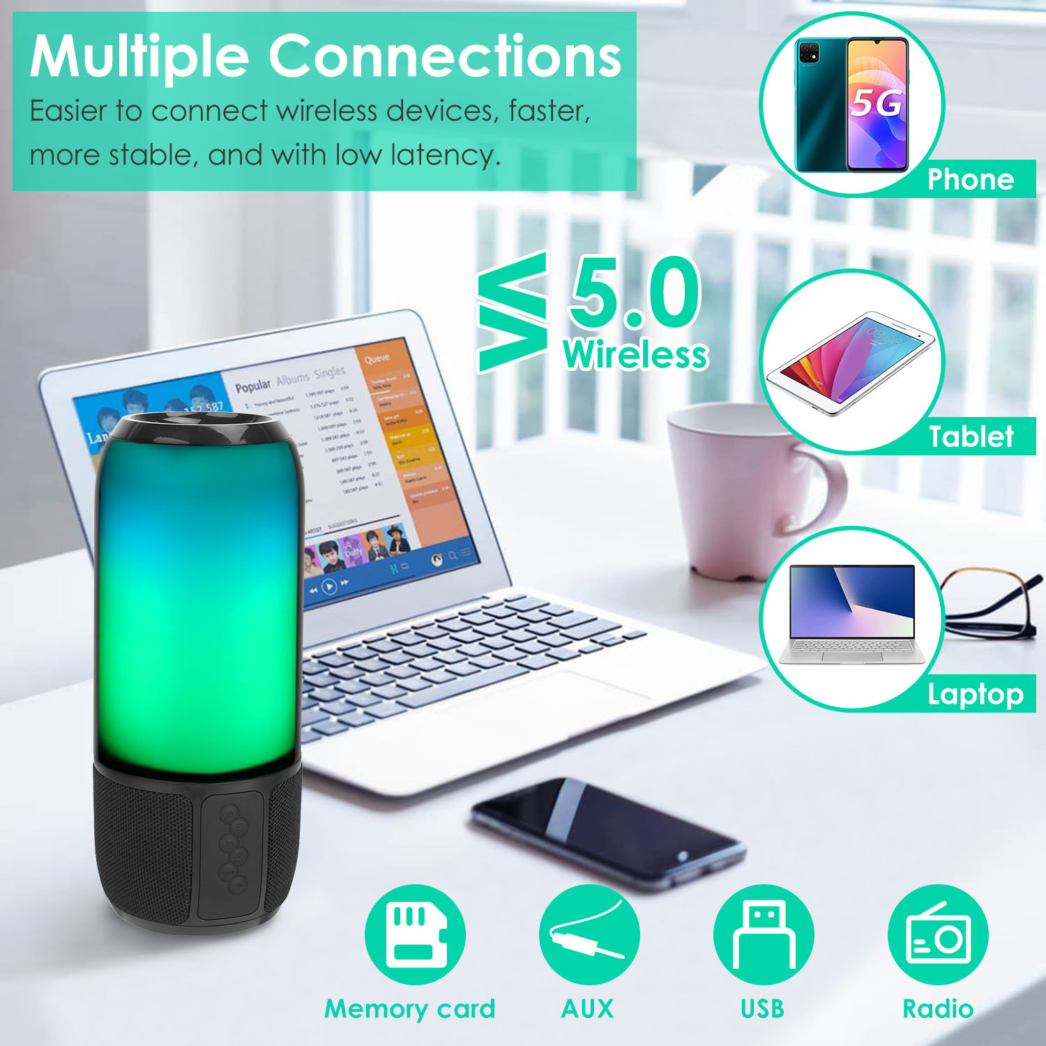 1Pc Wireless Portable Speaker Loud Stereo Speaker With 6 Color Changing Lights Radio Party TWS Speaker For Home Outdoor Travelling - Image 2