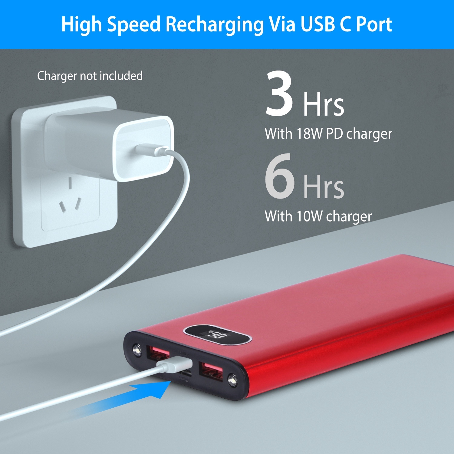 Green-Black-Red Color Options -- 1Pc 20000Mah Power Bank Portable Charger External Battery Pack 22.5W Super Fast Charging With LED Display Flashlight Fit For IOS Phone - Image 7