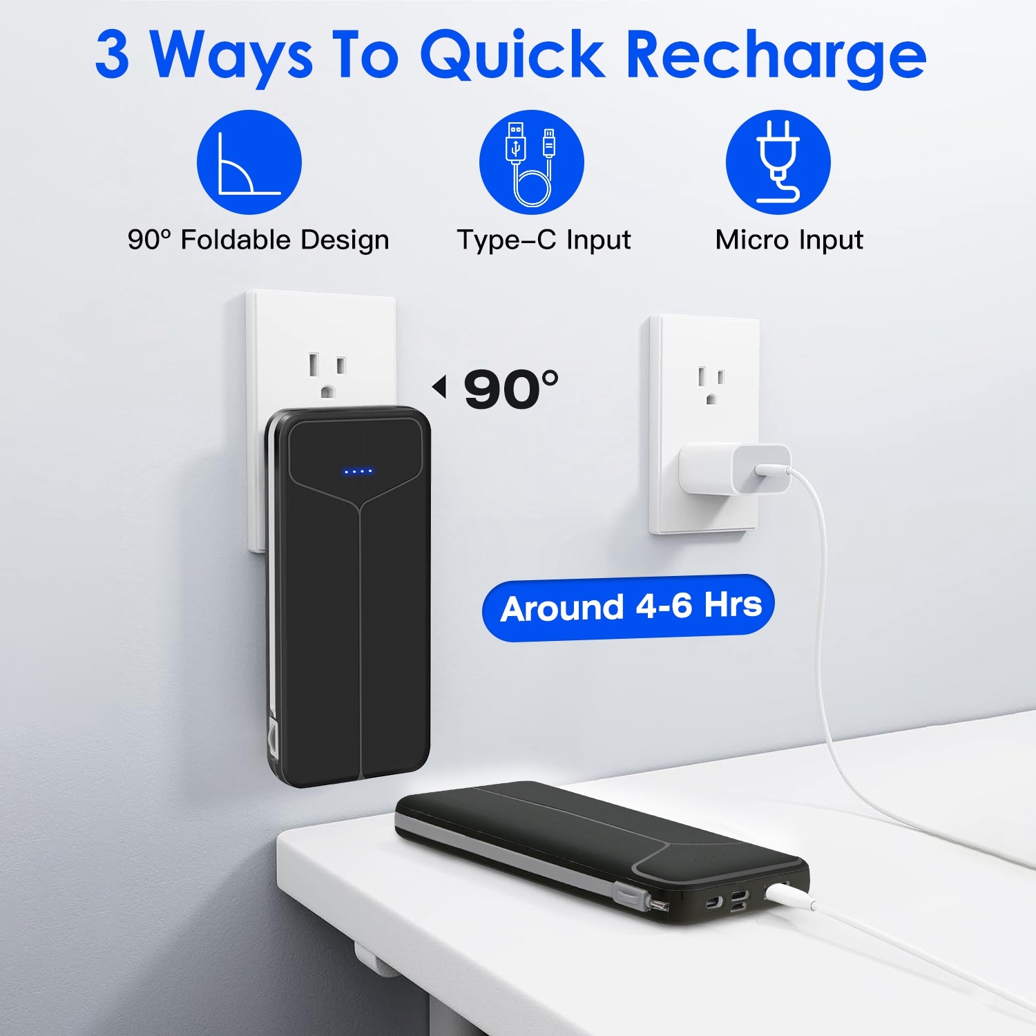 10000mAh Power Bank Portable Charger With US Plug 2 Built-in Cables External Battery Pack With 4 Ouputs 3 Inputs Fit For IOS Phone 14 Android And More - Image 4