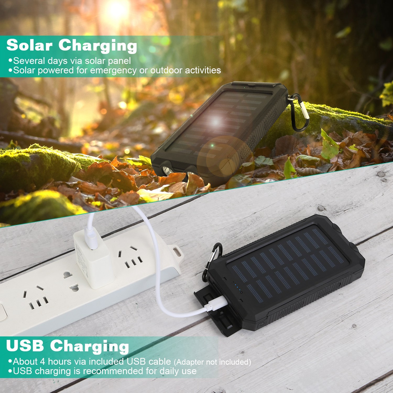 1Pc 1W MAh Solar Power Bank External Battery Pack Dual USB Interface Outdoor Charger With Battery Indicators SOS LED Lights Compass Camping Hiking - Image 5