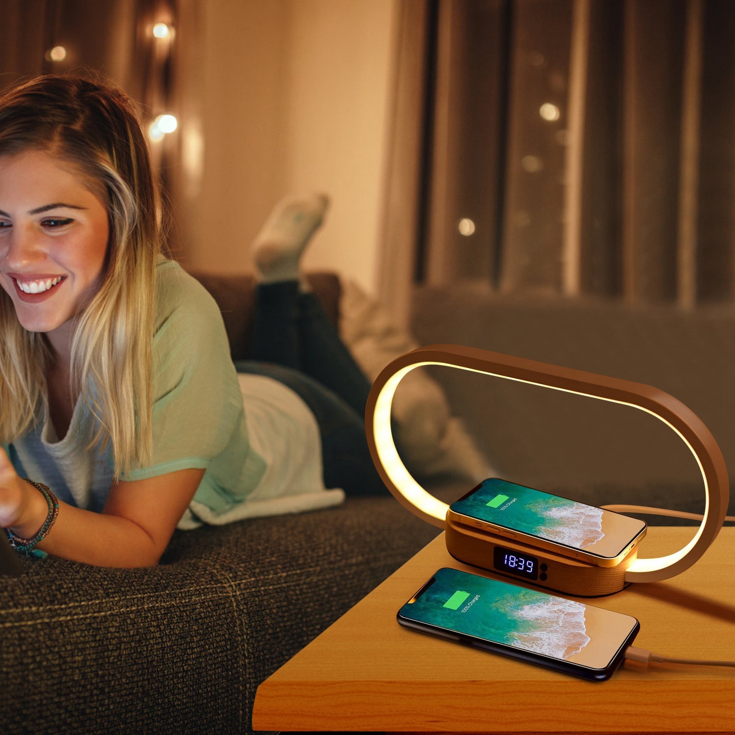 Bedside Table Lamp, Touch Control, Clock, Wireless Charging, Dimmable LED Reading Lamp for Nightstand - Image 4