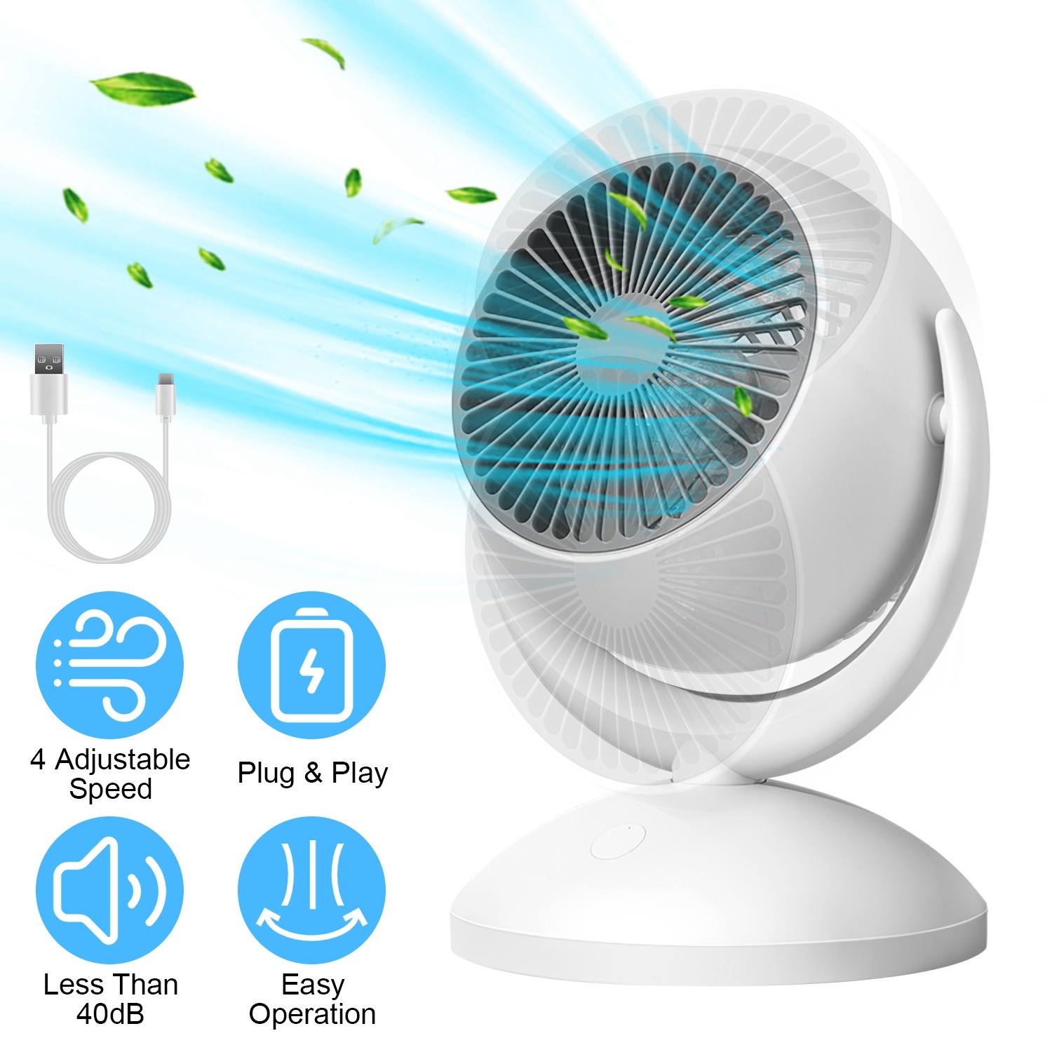 Portable Rechargeable Oscillating Desk Fan, 4 Speeds, 360° Tilt, Quiet 40dB, for Home Office Bedroom