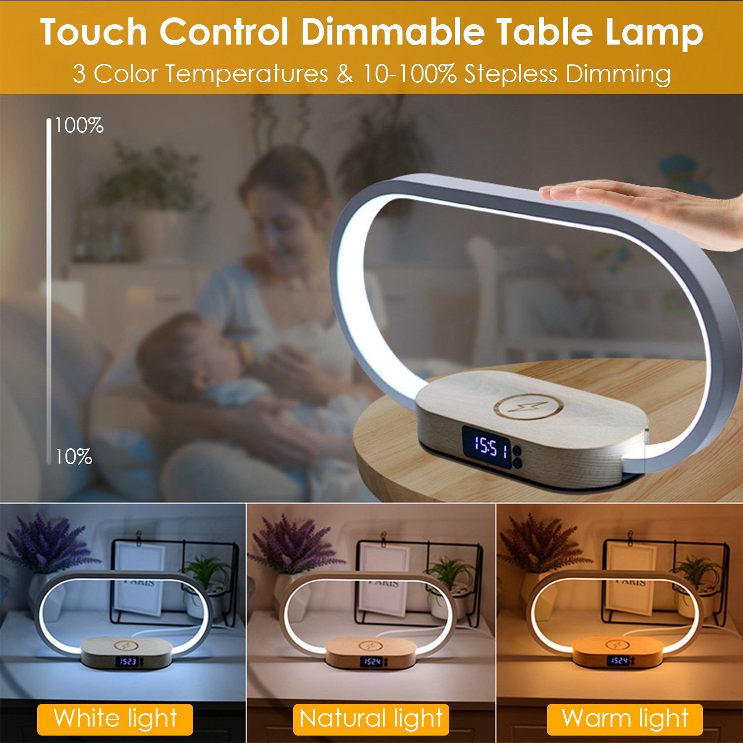 Bedside Table Lamp, Touch Control, Clock, Wireless Charging, Dimmable LED Reading Lamp for Nightstand - Image 7