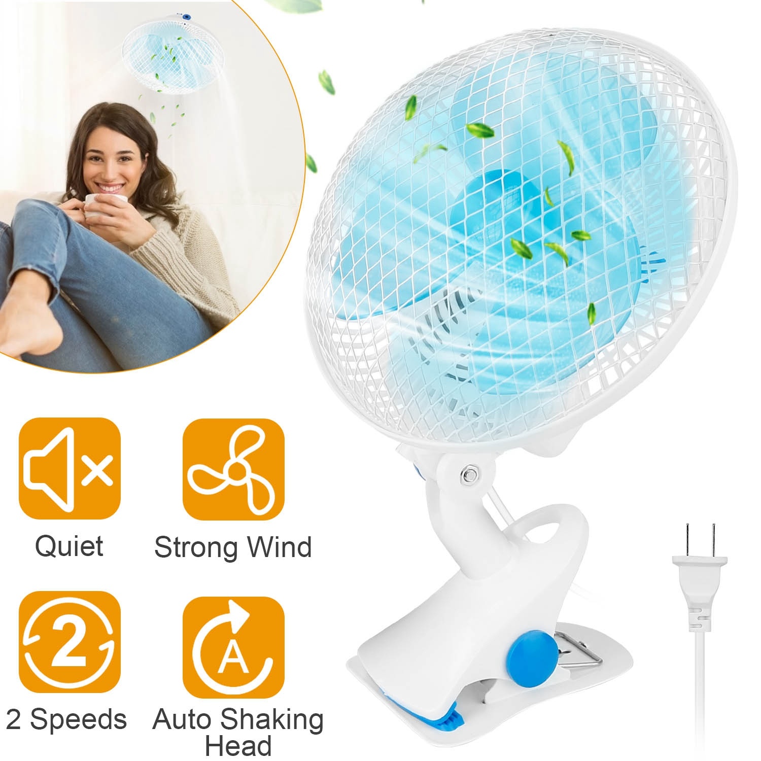 Quiet Clip On Fan, 2 Speeds, Auto Oscillating, 3.94FT Cord for Office Home Baby Stroller