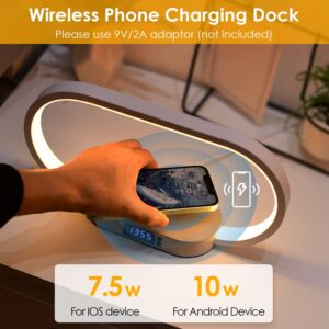 Bedside Table Lamp, Touch Control, Clock, Wireless Charging, Dimmable LED Reading Lamp for Nightstand