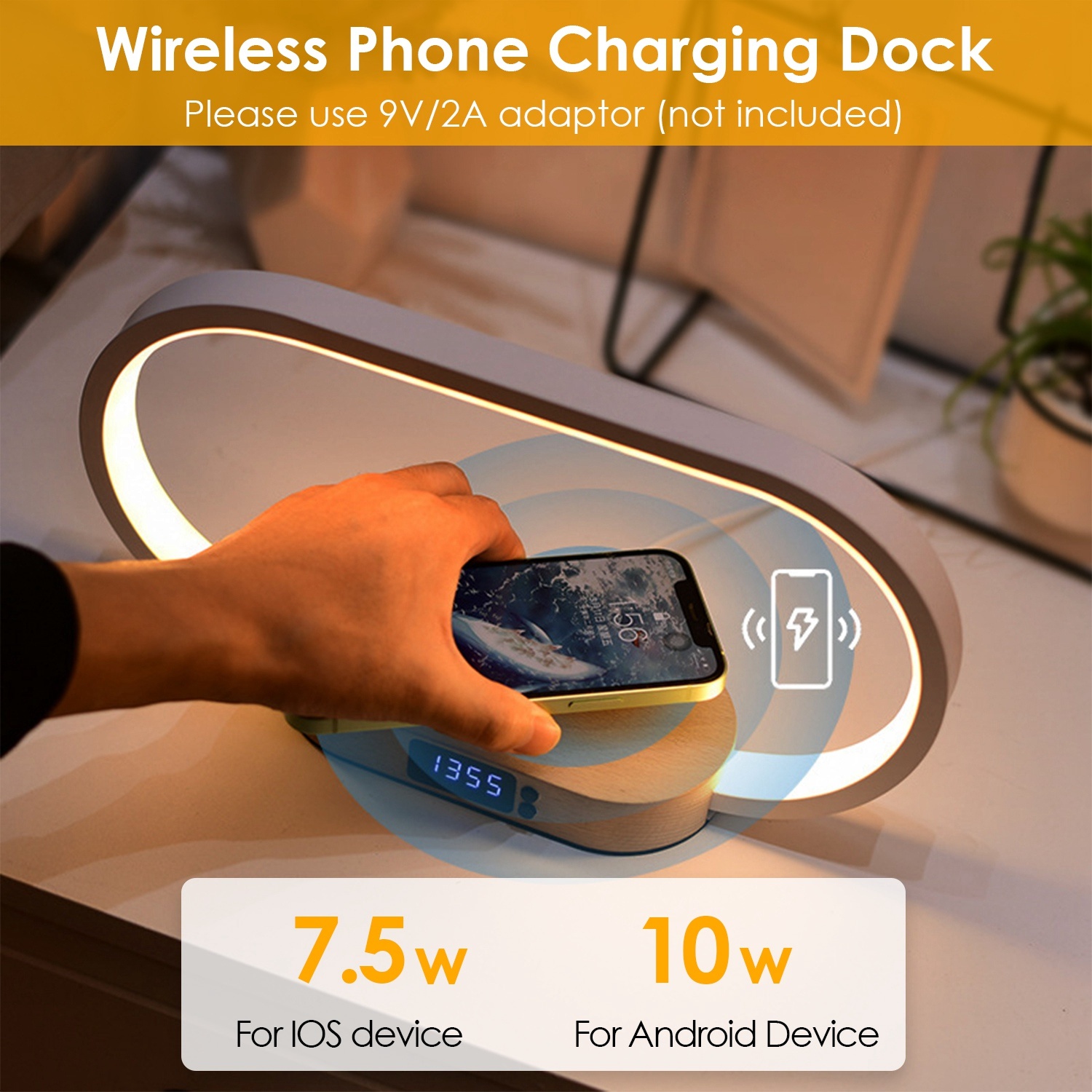 Bedside Table Lamp, Touch Control, Clock, Wireless Charging, Dimmable LED Reading Lamp for Nightstand