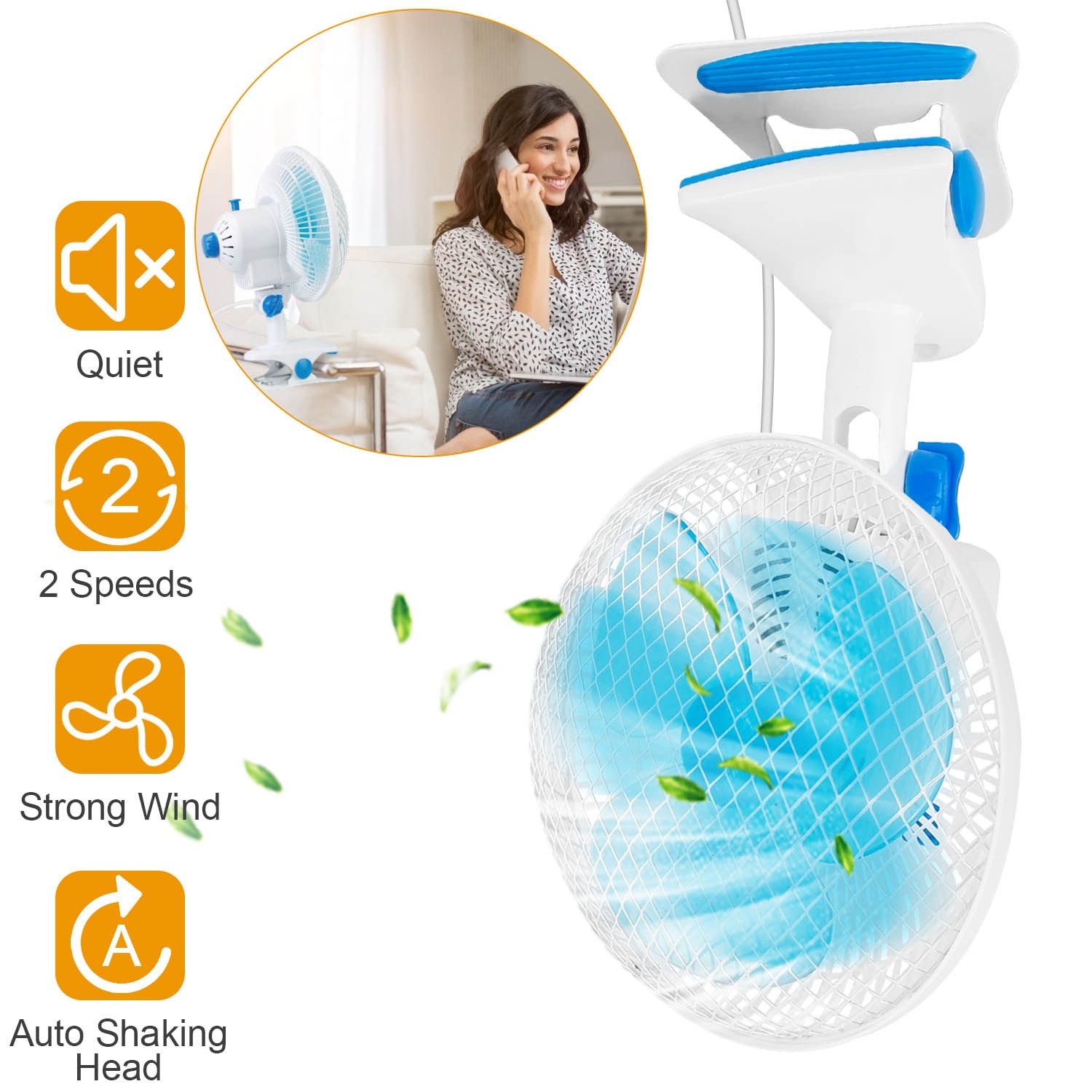 Quiet Clip On Fan, 2 Speeds, Auto Oscillating, 3.94FT Cord for Office Home Baby Stroller - Image 2