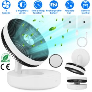Foldable Rechargeable Oscillating Fan, Wall Mount with Magnetic Remote, LED 2 Brightness, 4 Speeds, Timer, Auto Rotation