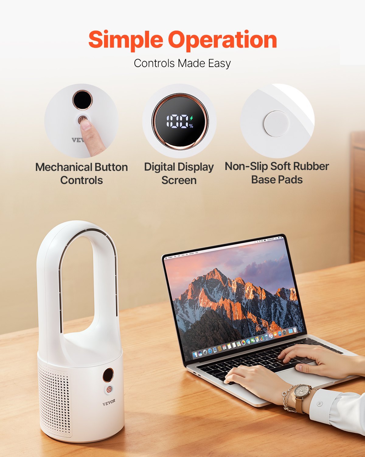 Bladeless Tower Desk Fan, 12.99 Inch, 6-Speed USB Rechargeable, Quiet, Easy Clean, Kids-Friendly, Blows Cold Air for Home Office Bedroom - Image 4
