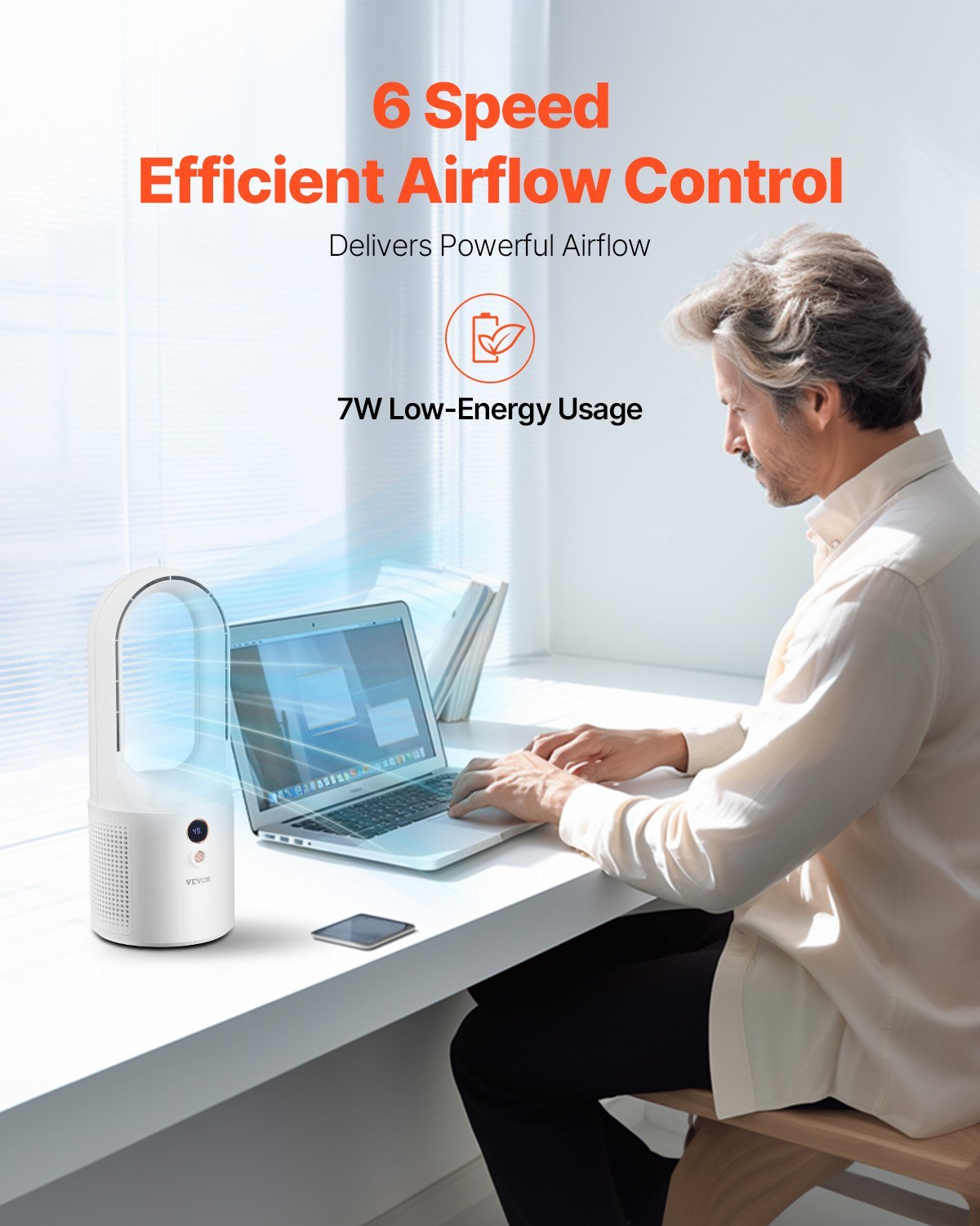 Bladeless Tower Desk Fan, 12.99 Inch, 6-Speed USB Rechargeable, Quiet, Easy Clean, Kids-Friendly, Blows Cold Air for Home Office Bedroom - Image 3