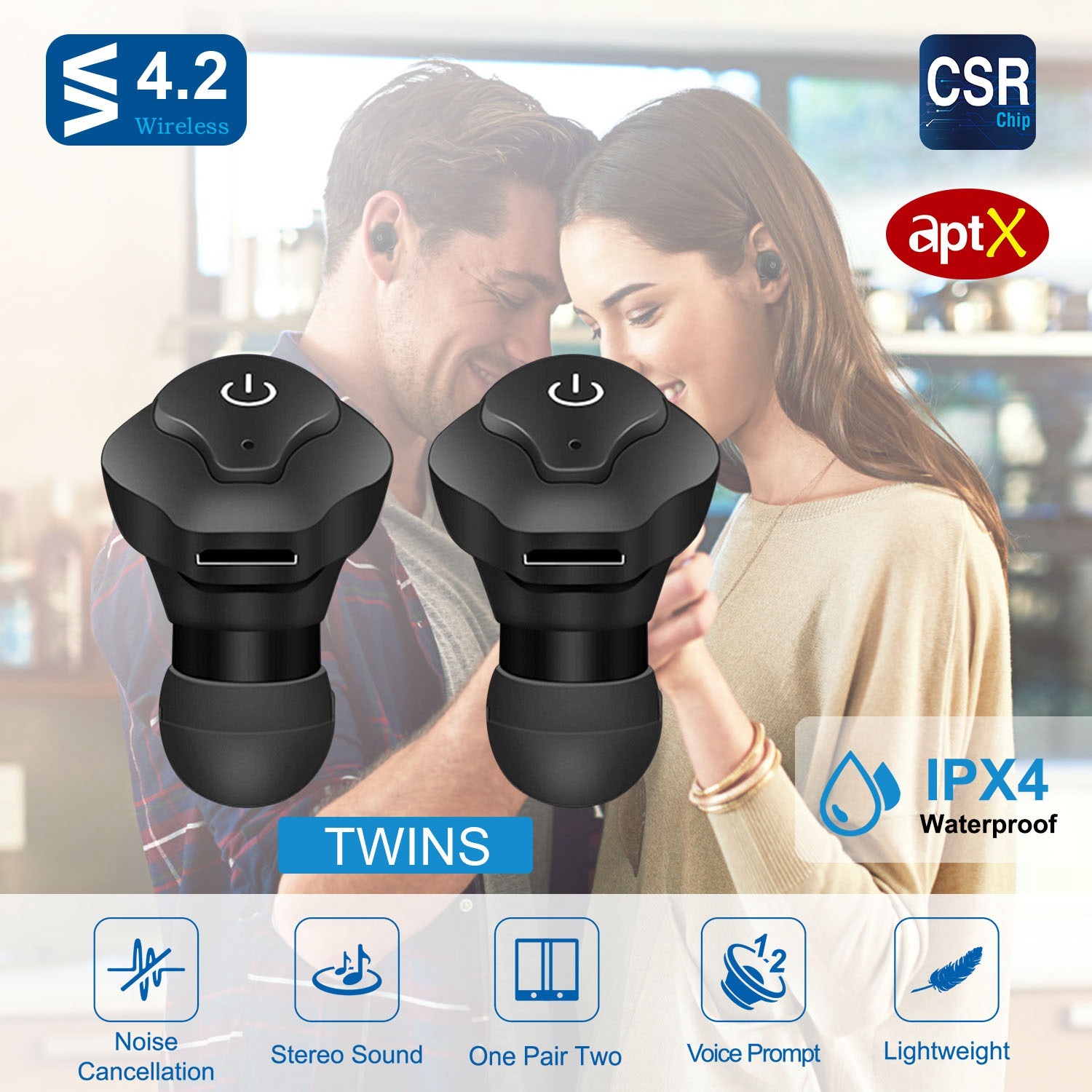 True Wireless CSR 4.2 Earbuds, IP44 Apt-X Stereo Noise Cancelling Mic for Business & Driving 6 True Wireless CSR 4.2 Earbuds, IP44 Apt-X Stereo Noise Cancelling Mic for Business & Driving - Image 6