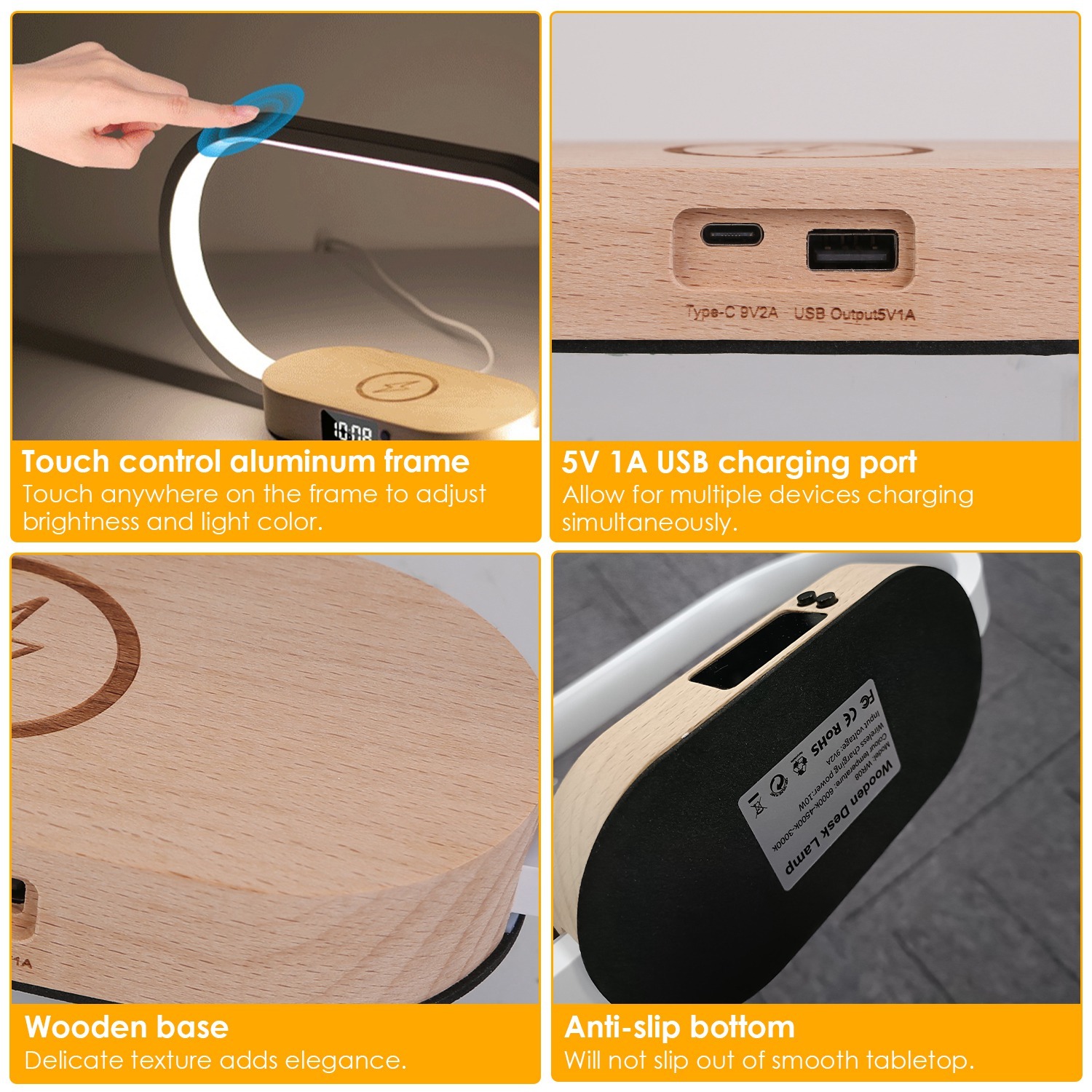 Bedside Table Lamp, Touch Control, Clock, Wireless Charging, Dimmable LED Reading Lamp for Nightstand - Image 8