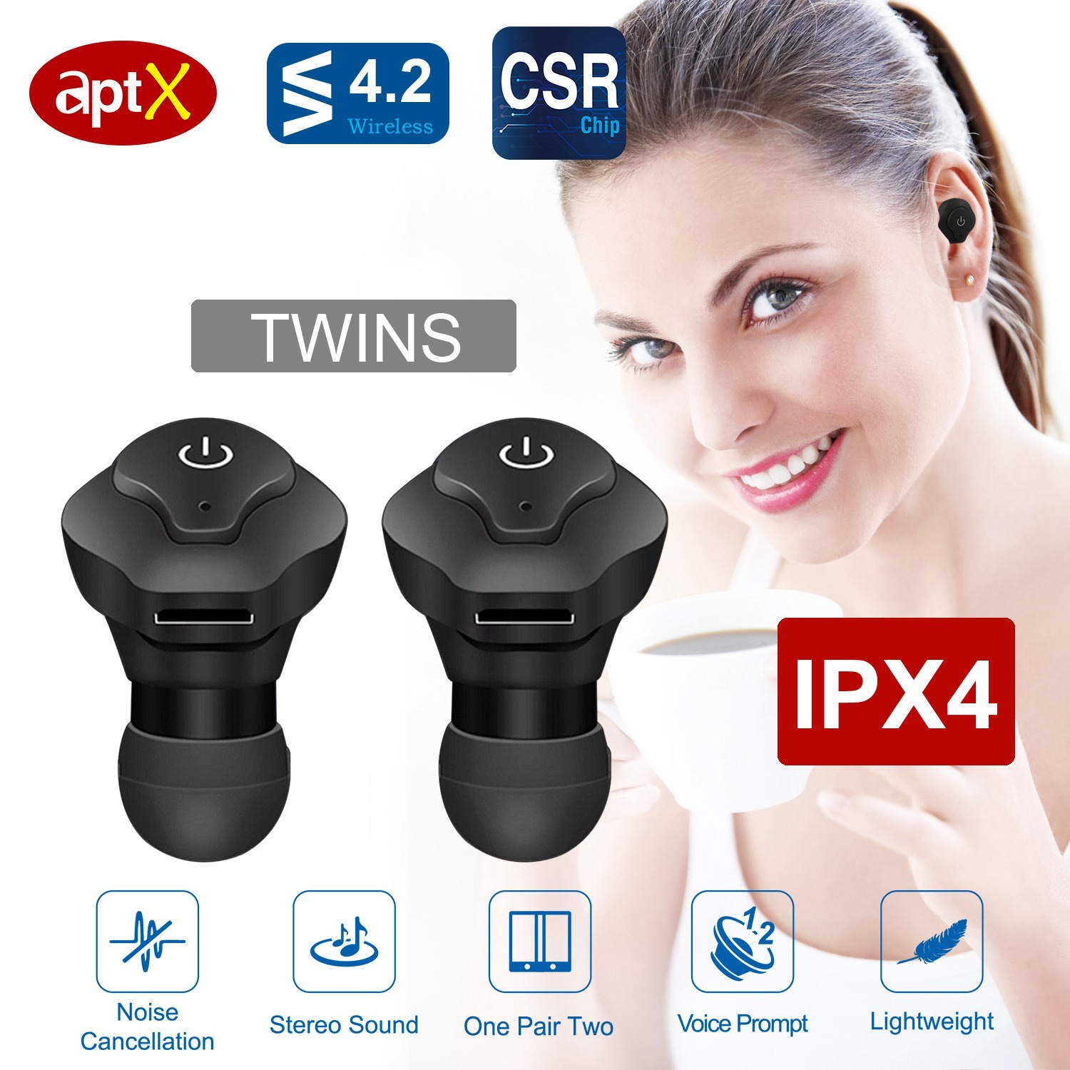 True Wireless CSR 4.2 Earbuds, IP44 Apt-X Stereo Noise Cancelling Mic for Business & Driving 1 True Wireless CSR 4.2 Earbuds, IP44 Apt-X Stereo Noise Cancelling Mic for Business & Driving