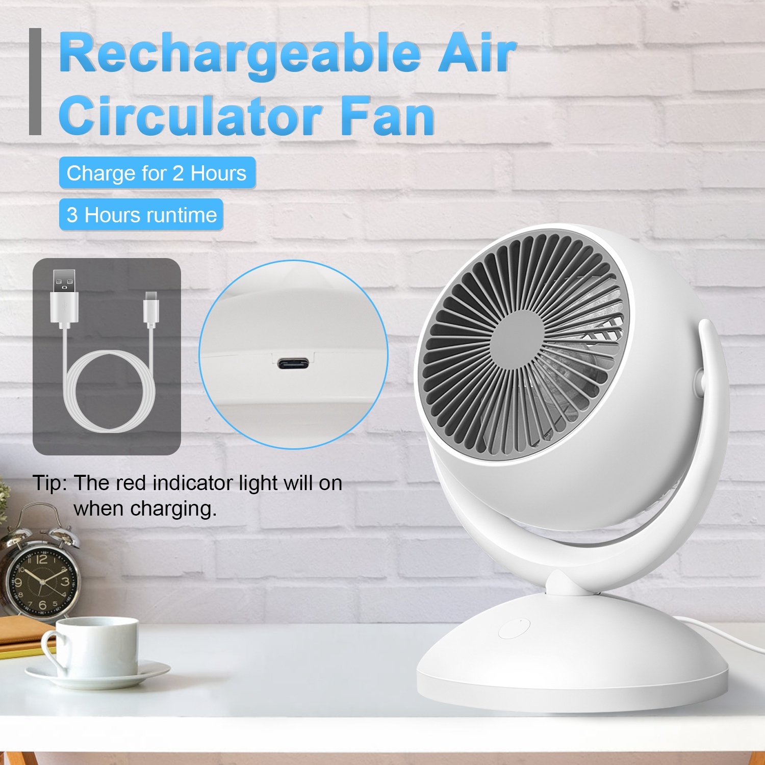 Portable Rechargeable Oscillating Desk Fan, 4 Speeds, 360° Tilt, Quiet 40dB, for Home Office Bedroom - Image 8
