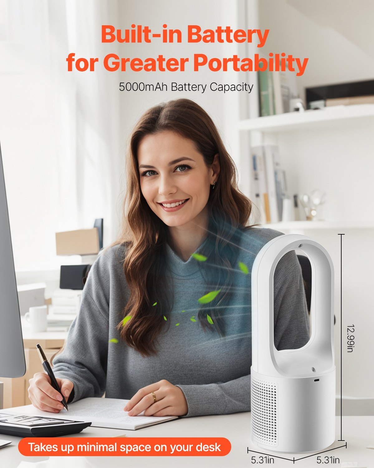 Bladeless Tower Desk Fan, 12.99 Inch, 6-Speed USB Rechargeable, Quiet, Easy Clean, Kids-Friendly, Blows Cold Air for Home Office Bedroom - Image 2
