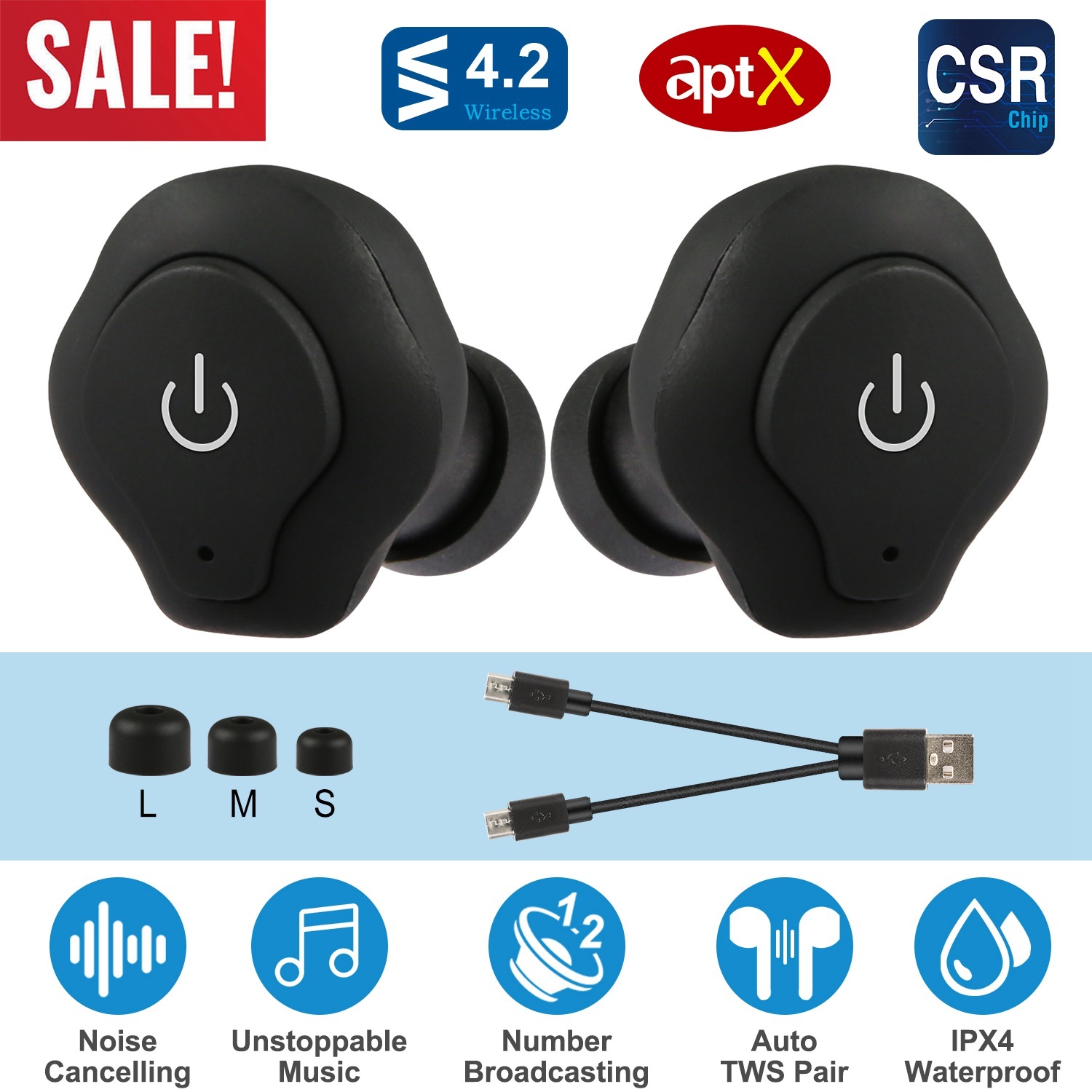 True Wireless CSR 4.2 Earbuds, IP44 Apt-X Stereo Noise Cancelling Mic for Business & Driving 5 True Wireless CSR 4.2 Earbuds, IP44 Apt-X Stereo Noise Cancelling Mic for Business & Driving - Image 5