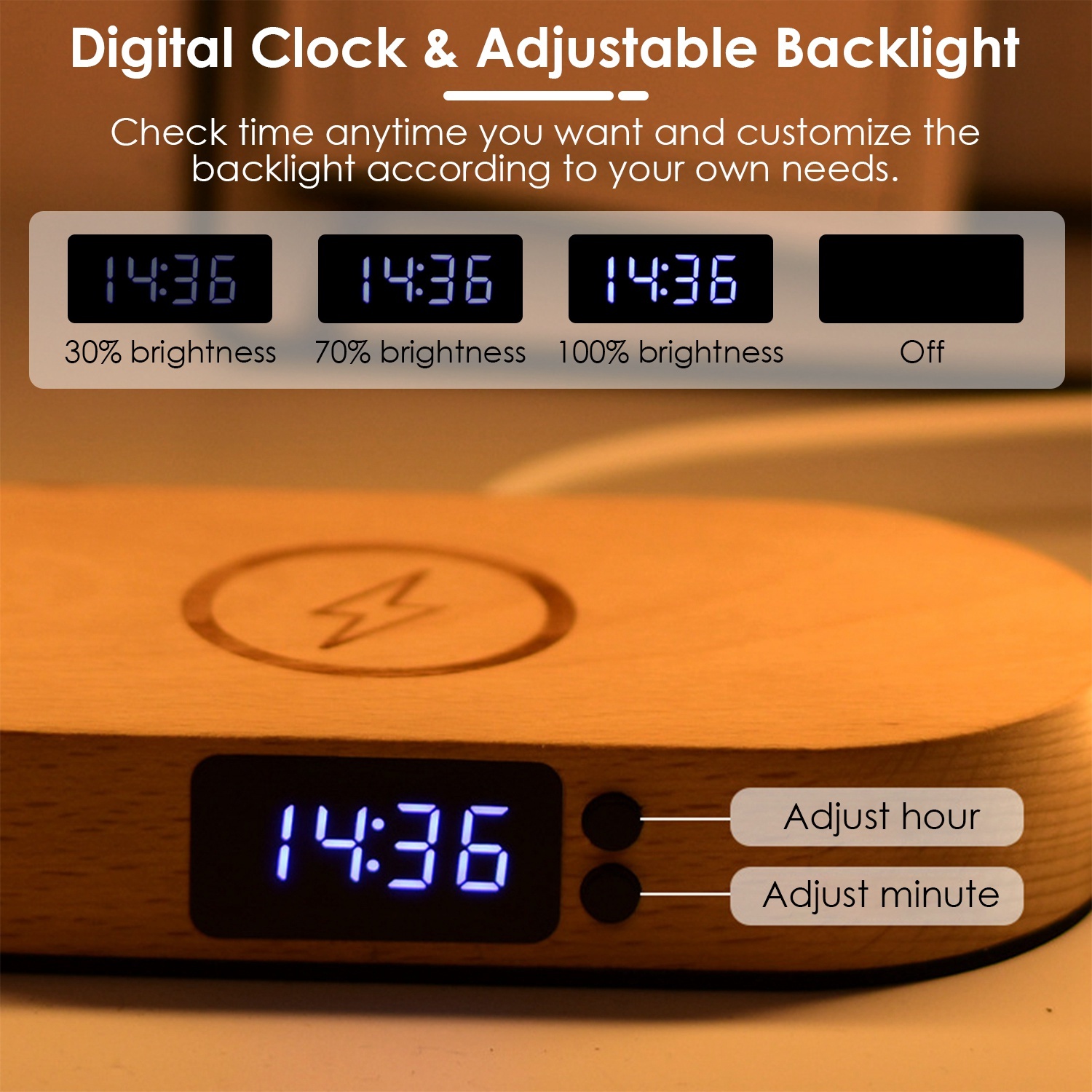 Bedside Table Lamp, Touch Control, Clock, Wireless Charging, Dimmable LED Reading Lamp for Nightstand - Image 6