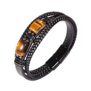 Natural Tiger Eye Stone Bracelet Healing Tiger Eye Quartz Leather Braided Gift