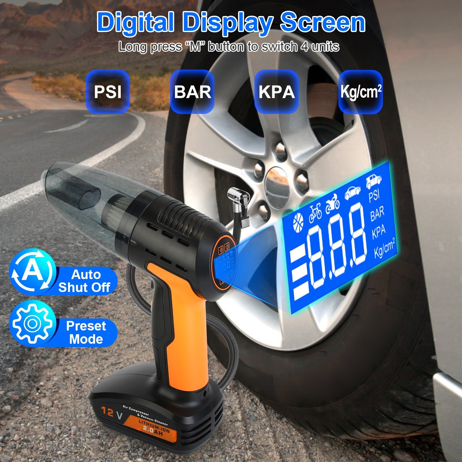 1Pc 4-in-1 Cordless Car Vacuum & Tire Inflator – 150PSI, LED Light, Digital Display - Image 8
