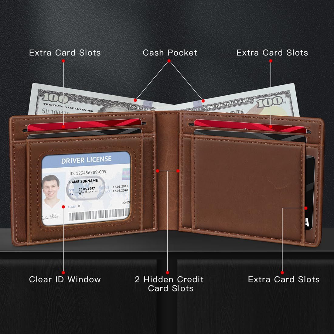 Men’s Slim RFID Brown Bifold Wallet – Holds 11 Cards, ID Window, Money Pocket - Image 5