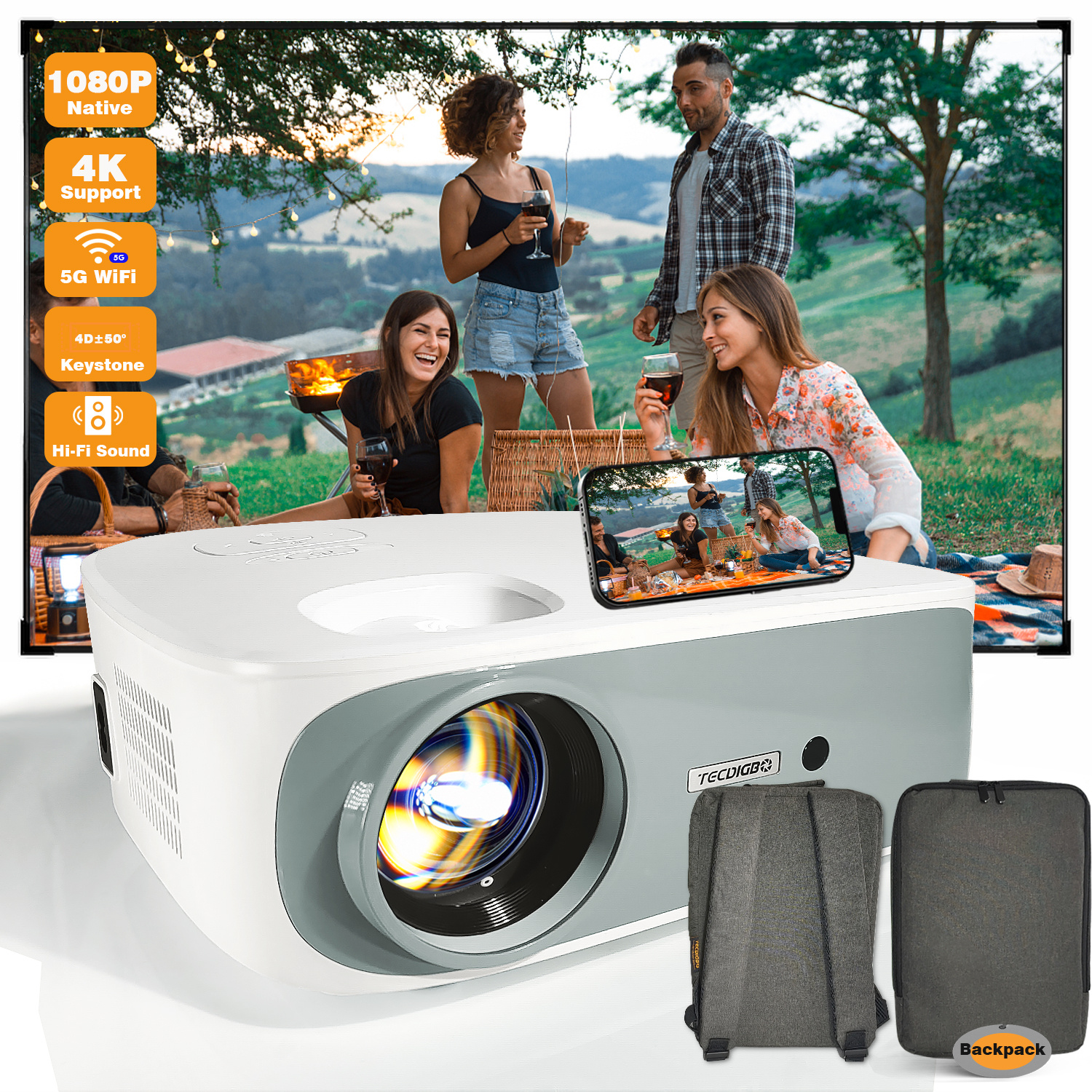 4K 5G Bluetooth Projector, Native 1080P 4D Keystone Outdoor Movie Projector