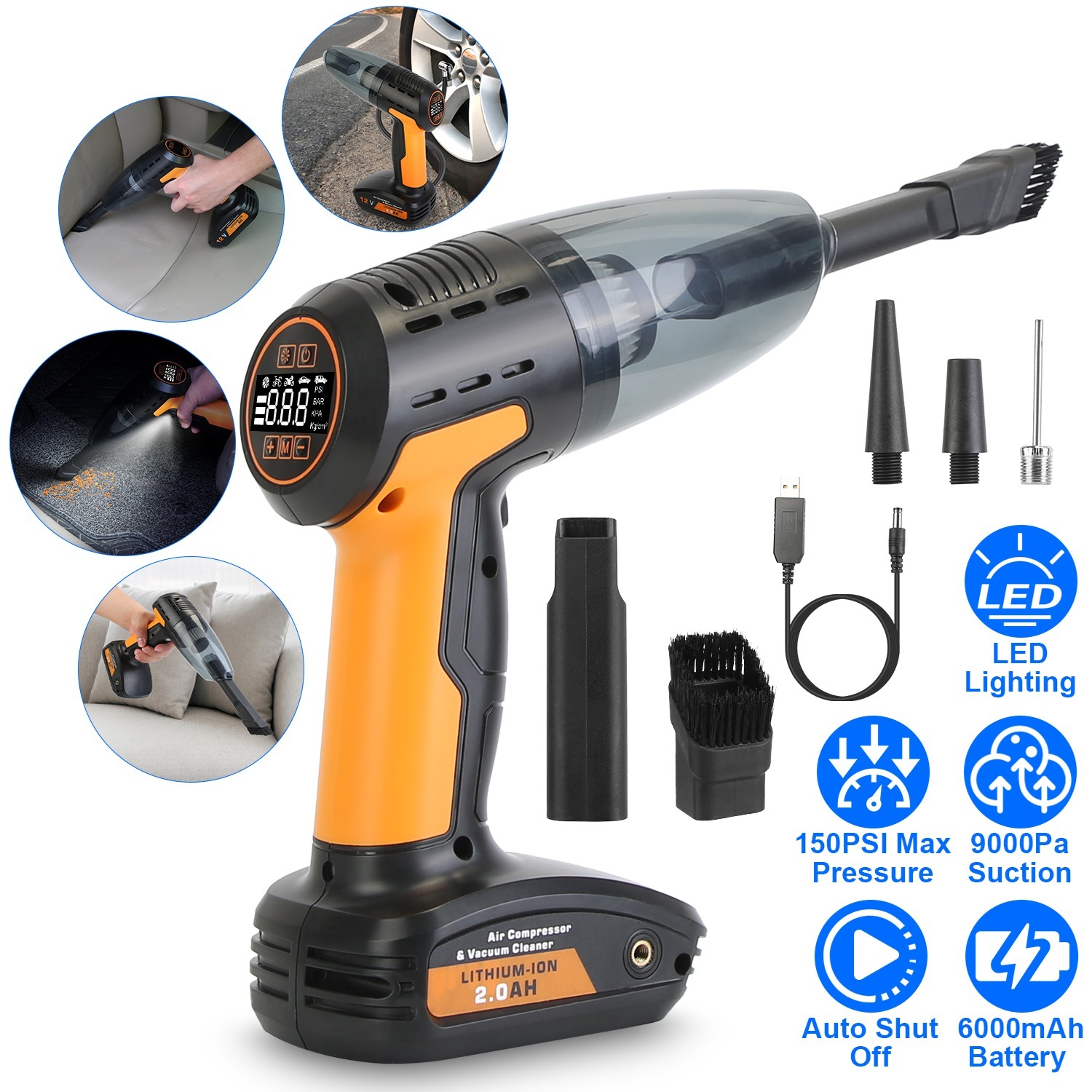 1Pc 4-in-1 Cordless Car Vacuum & Tire Inflator – 150PSI, LED Light, Digital Display