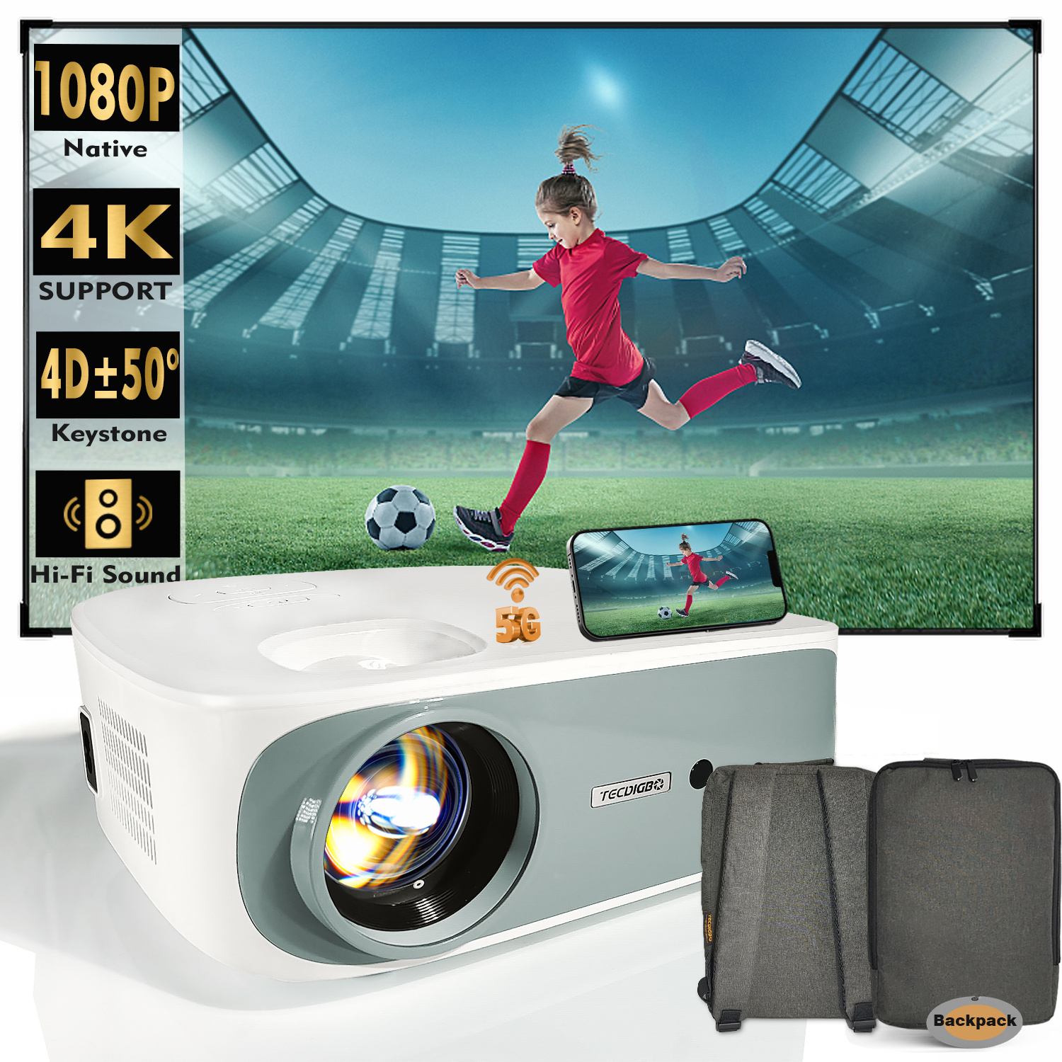 4K 5G Bluetooth Projector, Native 1080P 4D Keystone Outdoor Movie Projector - Image 3