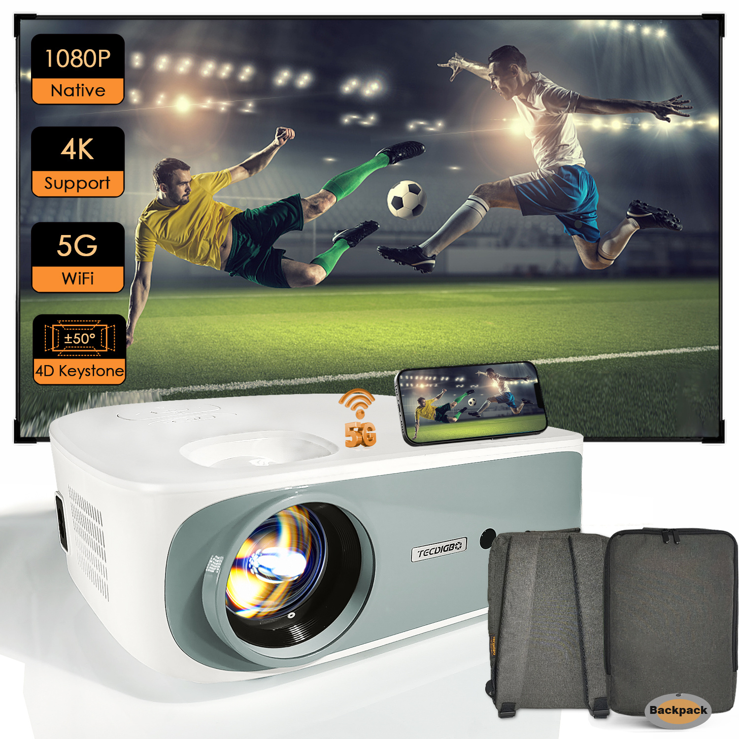 4K 5G Bluetooth Projector, Native 1080P 4D Keystone Outdoor Movie Projector - Image 2