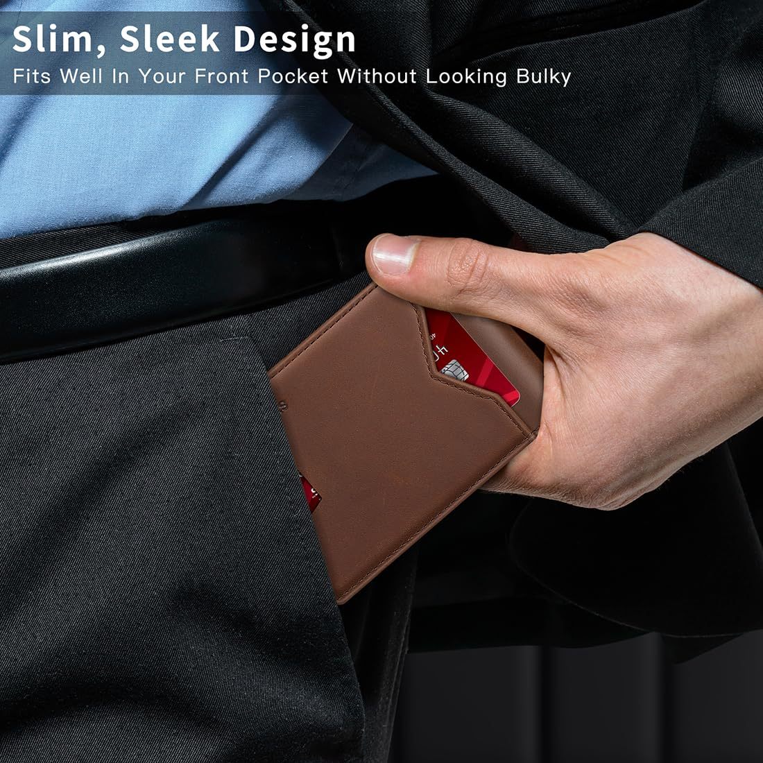 Men’s Slim RFID Brown Bifold Wallet – Holds 11 Cards, ID Window, Money Pocket - Image 2