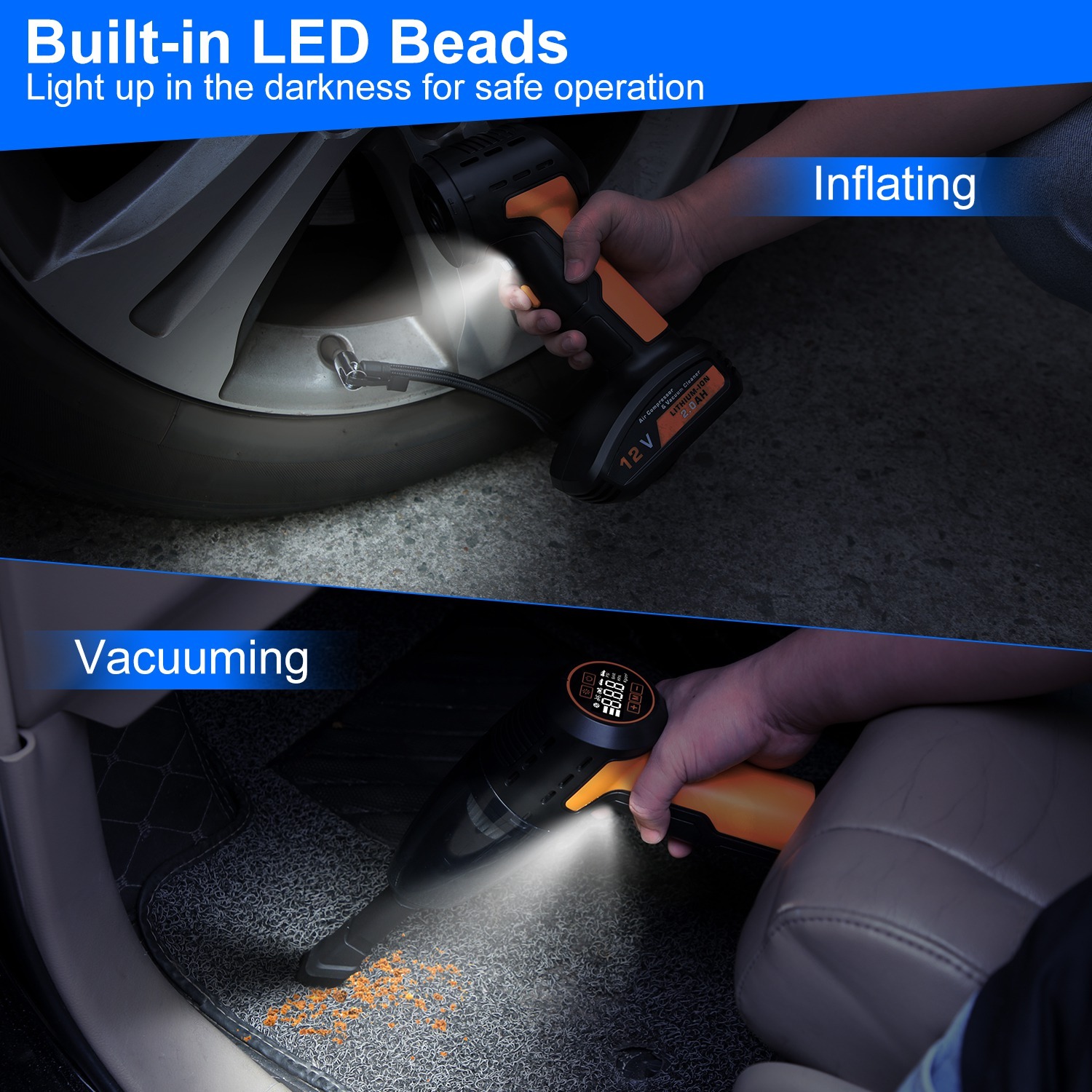 1Pc 4-in-1 Cordless Car Vacuum & Tire Inflator – 150PSI, LED Light, Digital Display - Image 5