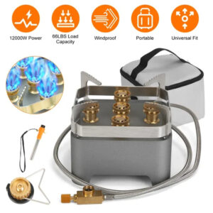 12000W Portable Camping Stove – Windproof with Cassette Adapter, Carrying Case & Igniter for Hiking, Picnic, Backpacking