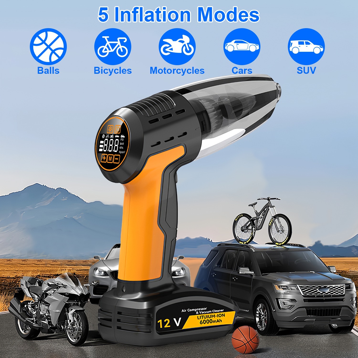 1Pc 4-in-1 Cordless Car Vacuum & Tire Inflator – 150PSI, LED Light, Digital Display - Image 6