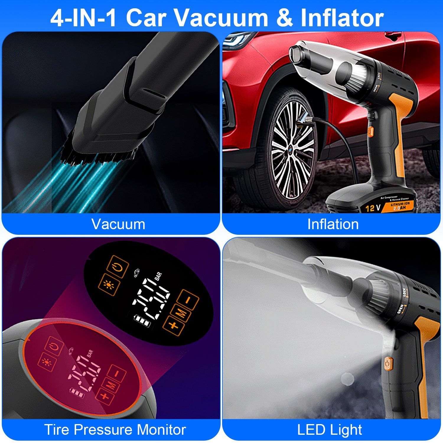 1Pc 4-in-1 Cordless Car Vacuum & Tire Inflator – 150PSI, LED Light, Digital Display - Image 7