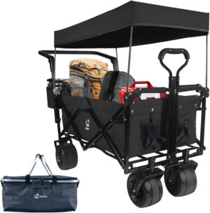 140L Foldable All-Terrain Wagon with Canopy, Brake & Cooler Bag – for Camping, Beach, Shopping